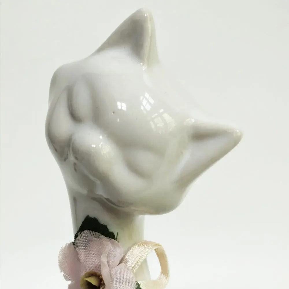 Vintage Mid-Century Tall White Ceramic Cat Figurine with Pink Floral Ribbon